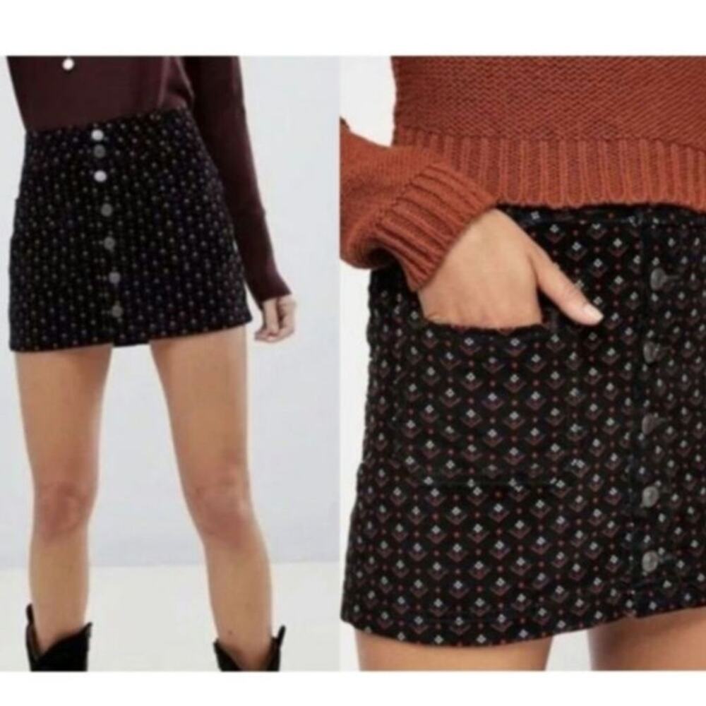 Free People Black Mini Skirt with Multicolor Geometric Print